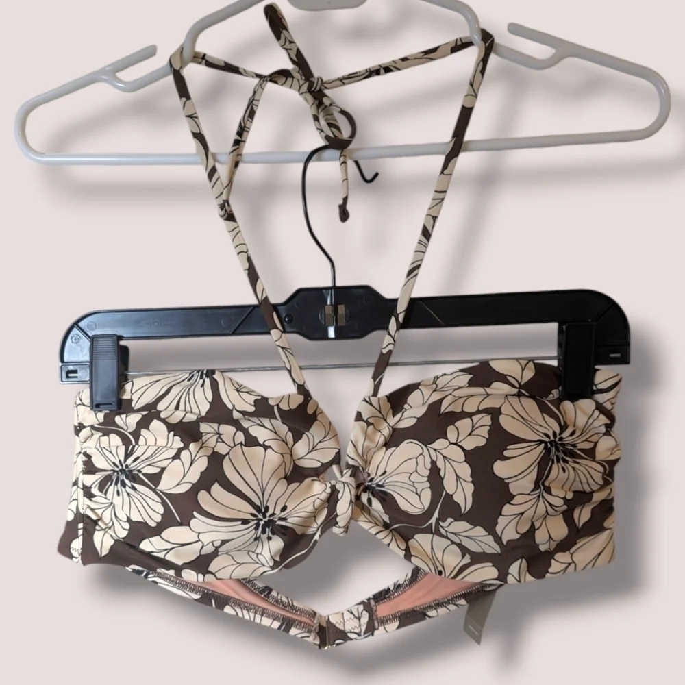 J. Crew Brown Floral Cut-Out Halter Bikini Top Boho Bohemian Coastal Beachy